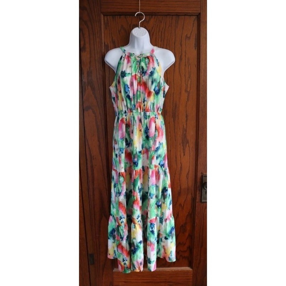 STELLA & JULIE Halter Dress Women Medium Pink Green Watercolor Floral Boho Maxi